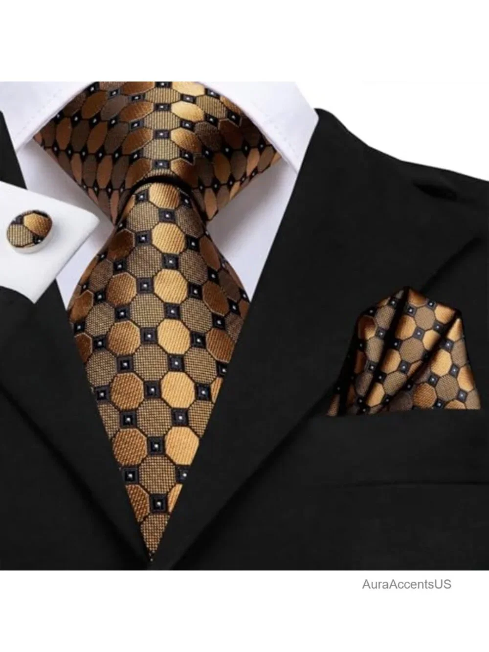 Silk Tie Set with Cufflinks and Pocket Square - Men's Formal Accessory